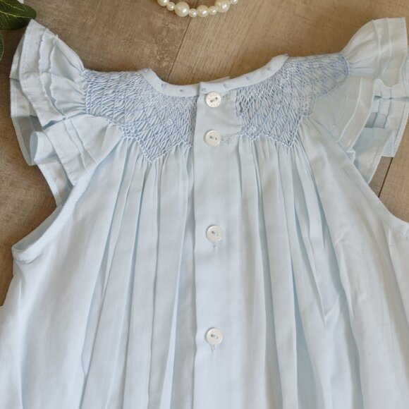 Smocked Blue Heirloom Romper Boutique Pin Tucks Bullion Embroidery NWT - Picture 4 of 5